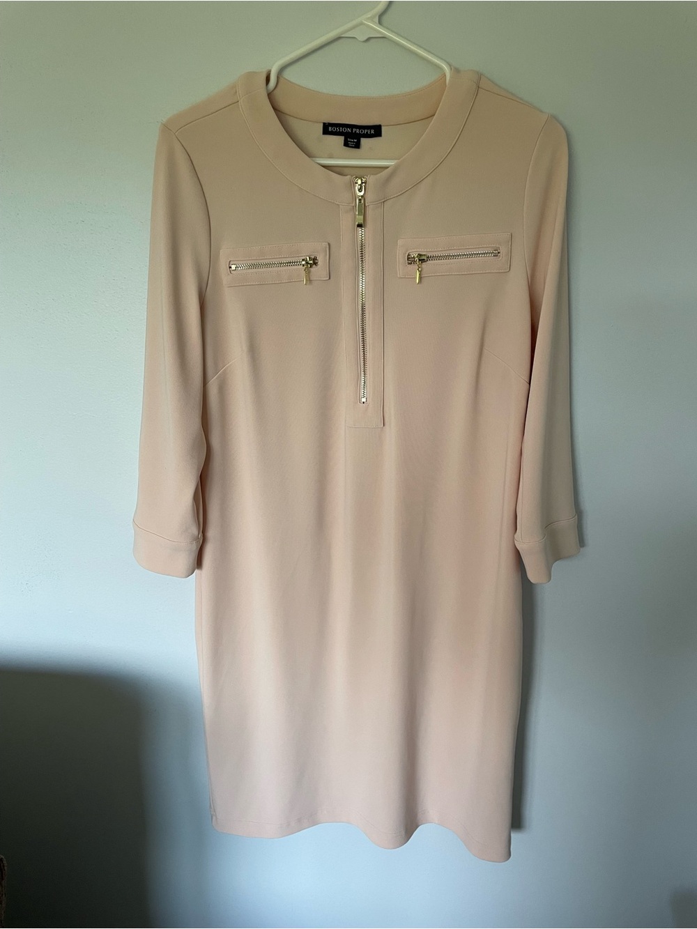 Boston Proper Pale Blush Long-Sleeve Zip-Front Shift Dress